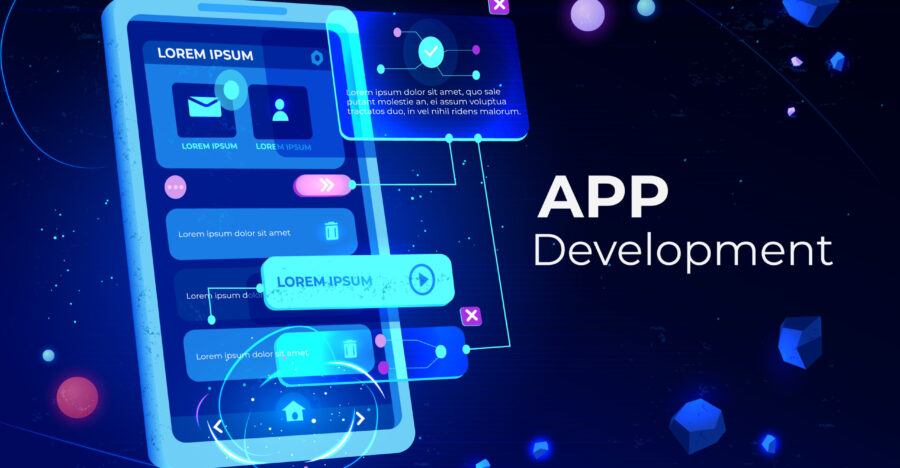 App development banner, adaptive layout application web interface on smartphone touch screen, user software API prototyping, testing, neon glowing background. Cartoon vector illustration, landing page